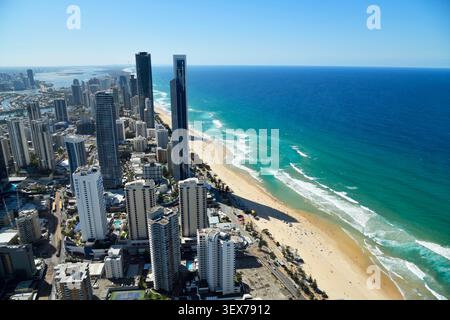 Australia, Queensland, Gold Coast, Surfers Paradise, northward view from SkyPoint Observation Deck on level 77 of Q1 Tower, with Surfers Paradise Beach, the Pacific Ocean and skyscraper skyline including Peppers Soul on the beachfront Stock Photo