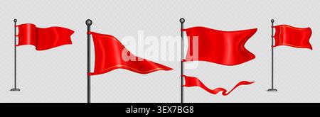 Realistic 3D red flag mockup on metal pole, vector illustration isolated on background. Plain waving banner template with fabric texture, gold frame, triangle pennant design for advertising events Stock Vector