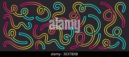 Rainbow color squiggle pattern on black background. Vector realistic illustration of abstract wavy lines, colorful curvy swirls and continuous doodles, seamless geometric design for modern banner Stock Vector