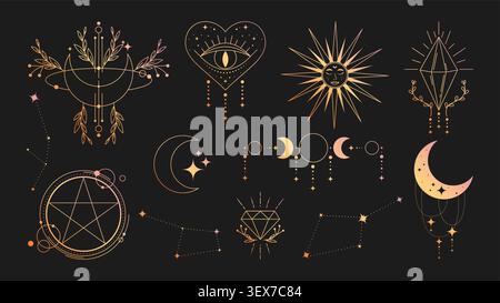 Mystical witchcraft doodle symbols with moon phases, crystals, and esoteric heart with eye. Hand-drawn magic icons, celestial stars and spiritual tarot elements in vintage boho style, floral pattern Stock Vector