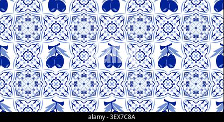 Greek tile mosaic with blue geometric pattern and olives on white. Vector realistic illustration of seamless ornament for restaurant wall or floor design, traditional Mediterranean decorative art Stock Vector