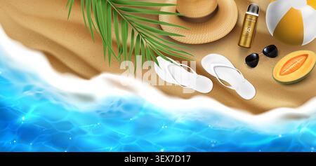 Sandy beach banner with sunscreen, sunglasses, flip flops and hat, ball and palm leaves on summer sea shore, 3d realistic vector background, top view. Tropical product display for cosmetic ads Stock Vector