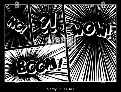 Comic speech bubbles with bold text and burst effects. Vector cartoon illustration of black and white manga book page design with radial speed lines, explosion sound, question and exclamation marks Stock Vector