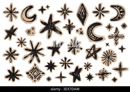Scrapbook cutout sparkles. Hand drawn celestial doodle collection with stars moons and abstract symbols in black ink over beige cutout shapes on white Stock Vector