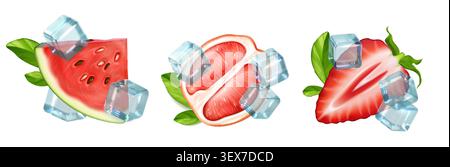 Fresh strawberry slices with ice cubes, watermelon, grapefruit pieces, and green leaves, realistic vector illustration isolated on white background. Cool summer fruit composition with juicy berries Stock Vector