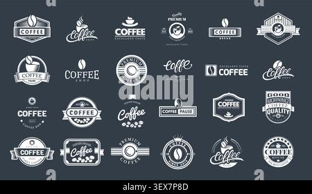 Set Coffee cafe logo or sign. Coffee bean shop icon or label. Vector circle vintage design.  Stock Vector
