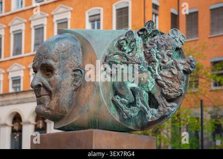 France, Rhone, Lyon, La Presqu'ile district, historical site classified as a UNESCO World Heritage Site, Louis Pradel square, sculpture by the artist Jean Ipousteguy (1920-2006) representing Louis Pradel (1906-1976), former mayor of Lyon and a lion, emblem of the city Stock Photo