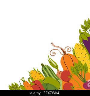 Corner frame made of vegetables. Fresh produce border. Vector. Great for recipe card, farmer market poster, or organic food label. Stock Vector