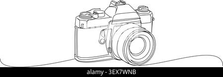 continuous line drawing of a classic vintage photo camera, minimalist SLR camera body and lens line art vector illustration Stock Vector