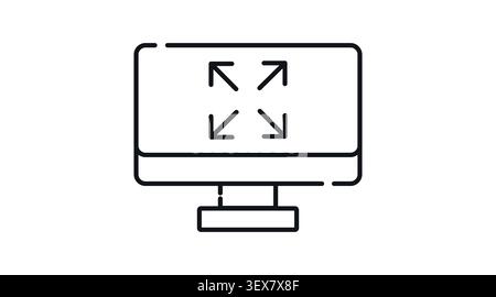 Desktop computer full screen icon: PC workstation displaying maximize and expand window symbol on screen, minimalist black line art vector illustratio Stock Vector