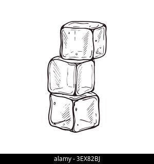 Stack of ice cubes for cooling drink vector isolated illustration. Hand drawn frozen water block line art black ink sketch. Stock Vector