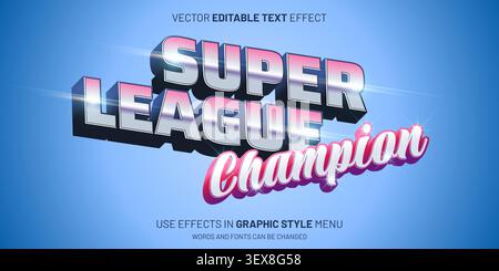 3D super league champion text effect font. Purple blue pink bold soccer football typography design template vector. Editable gamer arena esport tourna Stock Vector