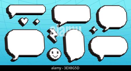 3d pixel speech bubbles and emotion icons for retro messenger design. Vector illustration set of empty isometric text clouds, smiling face, heart and lightning, creative 90s style computer graphics Stock Vector