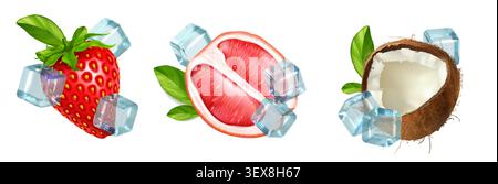 Fresh fruit with ice cubes and mint leaves isolated on white background. Vector realistic illustration of sweet strawberry, grapefruit and coconut slices, cold beverage package, summer bar menu design Stock Vector