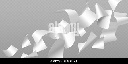 Flying paper sheets isolated on transparent background. Vector realistic illustration of white document or notebook papers swirl in air, letters fall and curl in wind, office work flow, paperwork mess Stock Vector