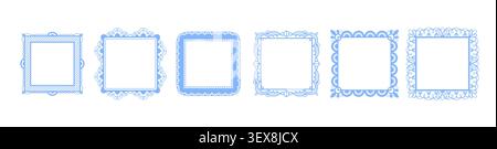 Elegant blue lace frames set isolated on white background. Vector realistic illustration of whimsical square floral borders for romantic handmade card decoration, coquette wedding invitation pattern Stock Vector