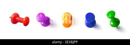 Color thumbtack pin icons with shadow, 3d realistic vector set isolated on white background. Pushpin design of different kinds for office board, paper notes, and memo fixation Stock Vector