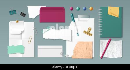 3d realistic torn paper pieces and spiral notebook, lined white sheets, vector set isolated on background. Realistic sticker elements, memo pads, and scrapbook pages for creative collage designs. Stock Vector