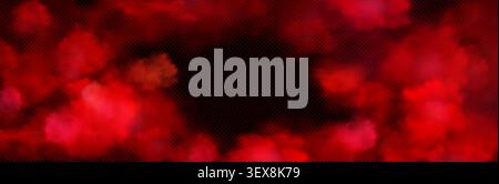 Red smoke clouds, realistic vector paint powder frame on transparent background with dramatic dark effect. Mysterious fog with dust or mist texture, abstract cloudy border design Stock Vector