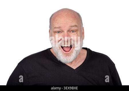 Reaction shot: Excited Bald Senior Man with White Beard Laughing in Surprise Isolated on White Background Stock Photo
