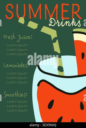 Watermelon juice and summer drinks restaurant menu poster template in hand drawn flat minimalist style Stock Vector