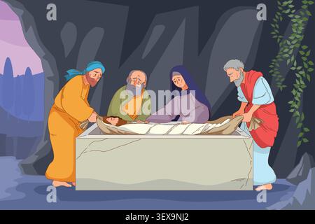 Colorful flat vector illustration of sacred birth scene with four solemn figures surrounding newborn child in cave manger, draped robes, rocky Stock Vector