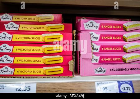 London UK, June 30 2026, Boxes of Mr Kiplings Victoria Slices and Angel Slices Finger Cakes With No People Stock Photo