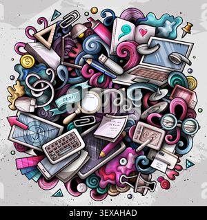 Art supplies and designer tools vector doodle illustration. Colorful hand drawn circular collage featuring a laptop, drawing tablet, pencils, and craf Stock Vector
