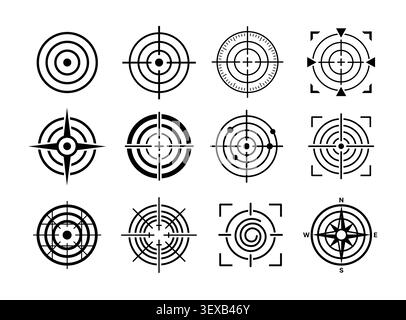 Crosshair and target icon set with aiming reticles, scope overlays, radar targets and compass symbols for navigation, gaming and design projects vecto Stock Vector