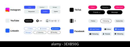 Instagram, YouTube, LinkedIn, TikTok, X and Facebook follow button UI collection with social media interface components vector Stock Vector