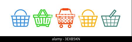 Shopping basket icon set with retail baskets, grocery carts and supermarket checkout symbols for e-commerce and online shopping vector Stock Vector