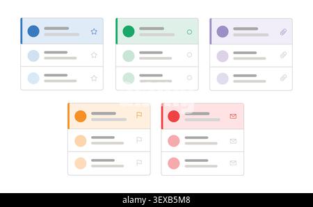 Task list and inbox UI template set with colorful dashboard cards, checklist layouts and productivity management interface components vector Stock Vector
