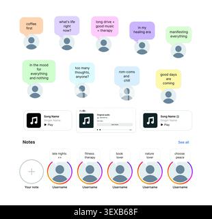 Instagram Notes, music sharing and story highlights UI template with profile status cards and social media interface elements vector Stock Vector