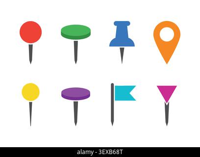 Map pin and push pin icon set with location markers, thumbtacks and flag pins for navigation, maps, planning and office organization vector Stock Vector