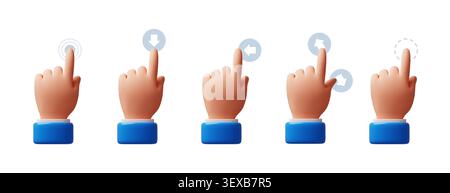 Touchscreen interaction with 3d hand. Mobil phone screen control, navigation arrows, tap gesture, swipe finger, press, user interaction on modern Stock Vector