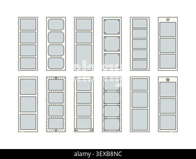 Film strip frame template set with vertical photo layouts, photo booth strips, printable collage frames and memory card designs vector Stock Vector