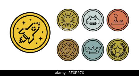 Gaming achievement badge icon set with pixel rocket, arcade, joystick, crown and reward medal designs for retro game UI vector Stock Vector