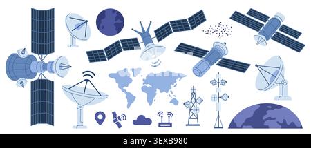 Space communication technology. Satellites, radar antennas, global network and wireless signal icons, modern aerospace, telecommunications Stock Vector