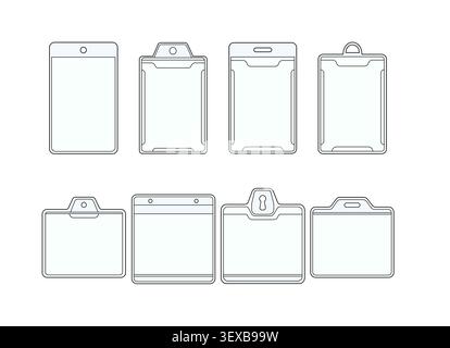 ID badge holder template set with vertical and horizontal name tag sleeves, plastic card holders and lanyard identification frames vector Stock Vector