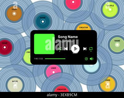Spotify music player interface template with album artwork, playback controls, playlist dashboard and vinyl record background vector Stock Vector
