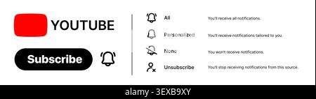 YouTube subscribe button and notification settings UI template with bell icon, subscription options and channel interface elements vector Stock Vector