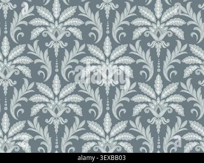 Blue Gray Floral Damask Seamless Pattern with Botanical Motifs Stock Vector