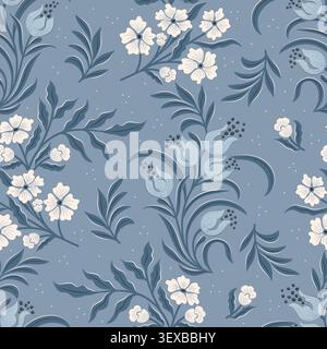 Blue Botanical Floral Seamless Pattern with Cream Blossoms and Leaves Stock Vector