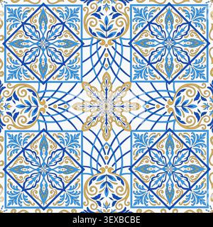 Blue and Gold Azulejo Tile Seamless Ornamental Pattern Stock Vector