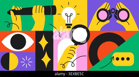 Search and discovery abstract poster. Binoculars, telescope, magnifier and eye symbols in modern geometric flat style, abstract background design Stock Vector