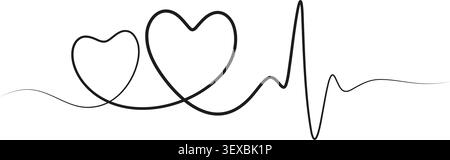 A clean and elegant continuous single line illustration depicting two connected heart shapes that smoothly transition into a classic electrocardiogram heartbeat pulse, creating a unified visual metaphor for love and life intertwined as one. The minimalist black line art style, set against a crisp white background, conveys simplicity, harmony, and emotional warmth, while the heartbeat element adds a meaningful nod to health, vitality, and wellbeing. This versatile and timeless design is perfect for medical and healthcare branding, cardiology clinic logos, wellness and fitness graphics, Valentin Stock Vector