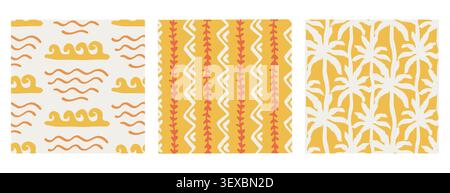 Boho tropical pattern set Waves, palm leaves motif Stock Vector