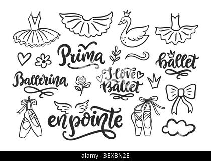 Ballet vector with ballerina element lettering set Stock Vector