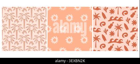 Boho beach waves, palm trees seamless pattern set Stock Vector