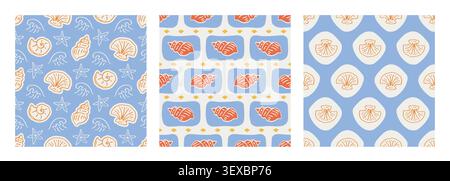 Sea shell seamless patterns set, coastal print Stock Vector